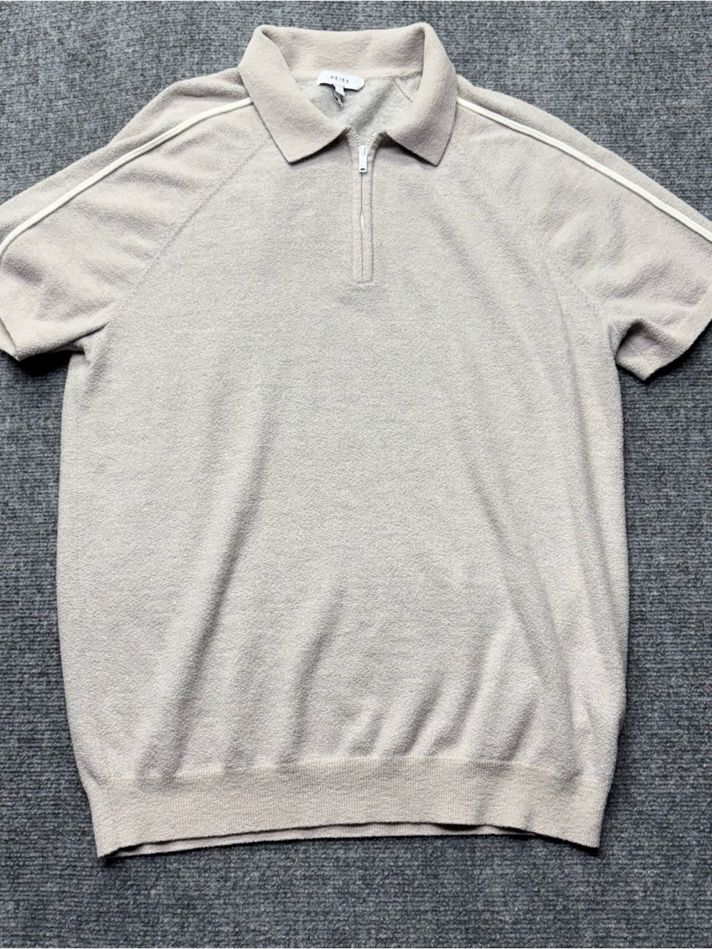 Reiss Polo Shirt Mens L Beige Gammo Half Zip Velour Side Stripe Short Sleeve